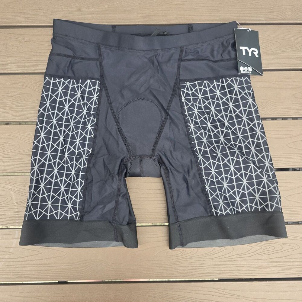 TYR Men's 7" Competitor Tri Triathlon Padded Shorts  Black/Grey Size: XL New